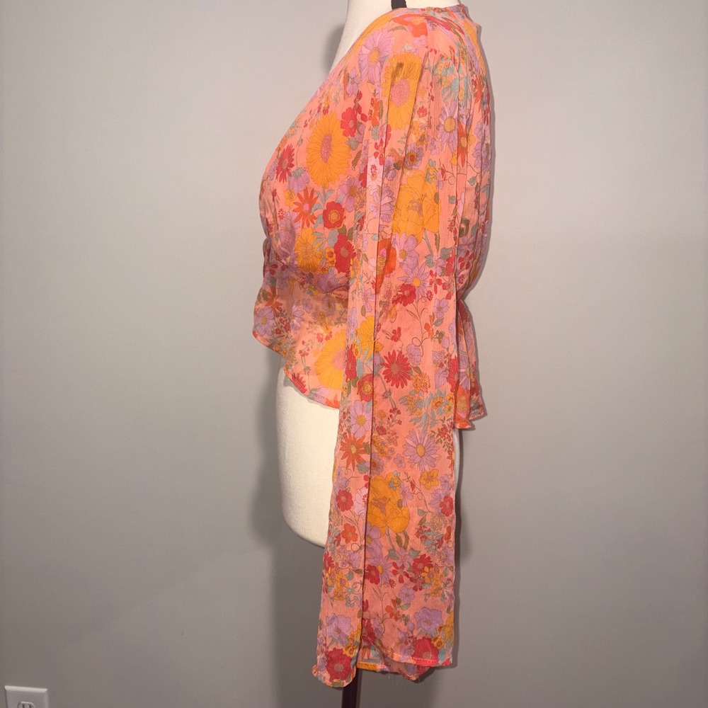 Floral Bell Sleeve Tie Front Boho Festival Top Womens Size Medium Orange - Picture 4 of 11